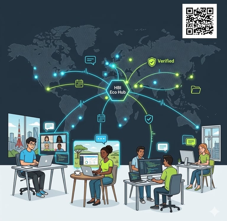 Students working remotely with global teams using laptops, maps, and digital communication tools worldwide