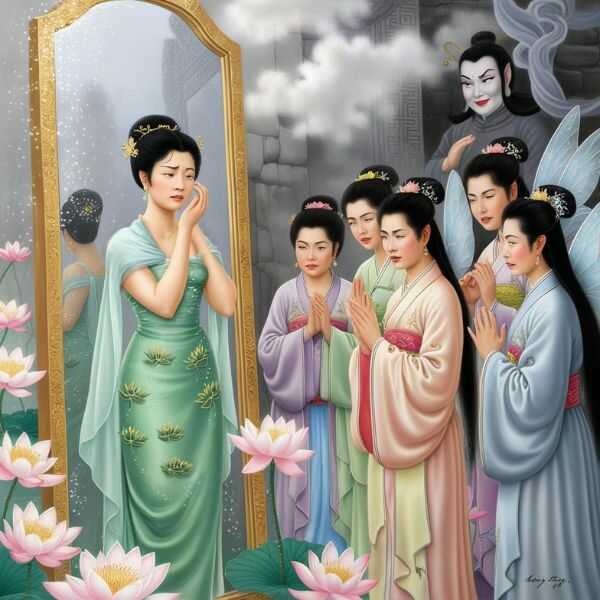 Bà tiên lo lắng trước gương