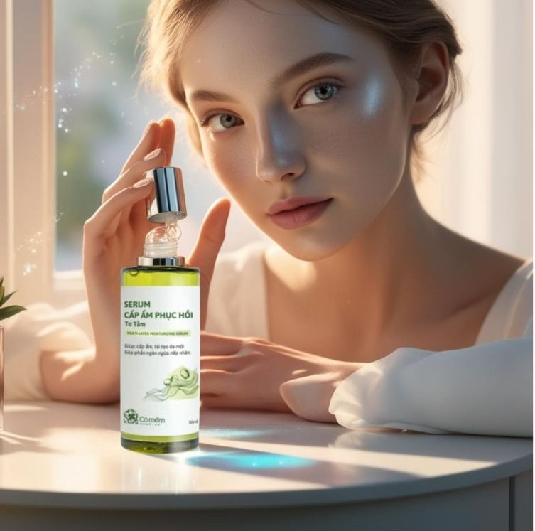 Cô gái có làn da được phục hồi cấp ẩm nhờ serum cỏ mềm tơ tằm