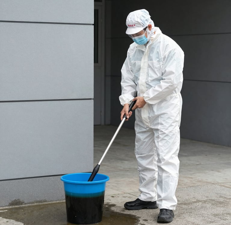 Professional cleaner in white industrial coveralls sweeping a concrete floor with a push broom.