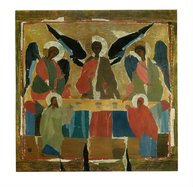 icono llamado La Trinidad inspirado por la escuela Novgorod. creación de Kirillova