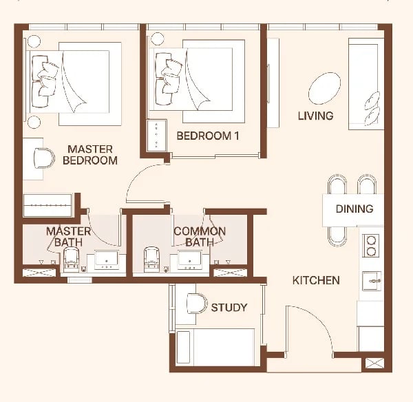 705 sqft 2+1 family condo floor plan with 210m covered walkway to RTS Bukit Chagar