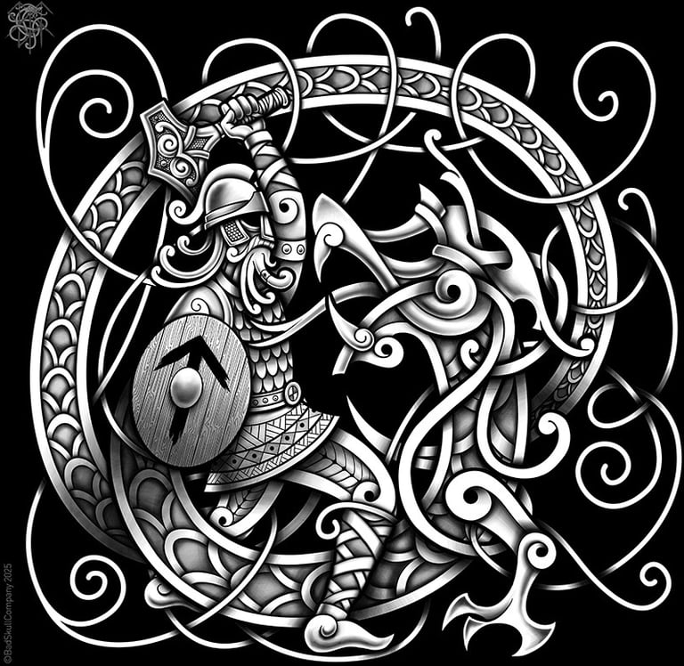 a drawing of a viking warrior in a celtic knot