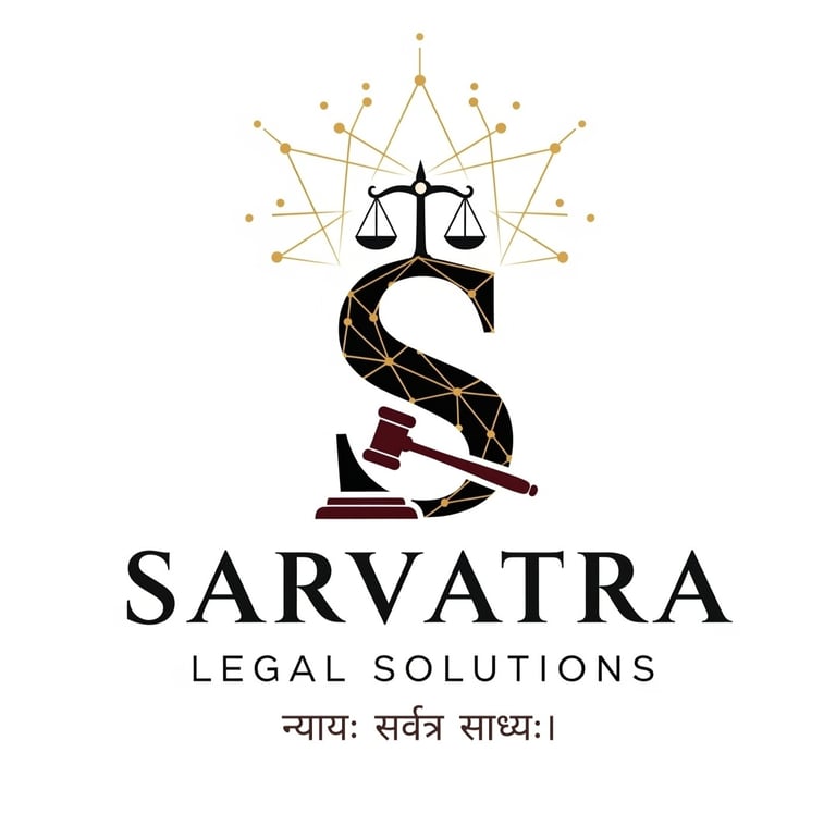 “Sarvatra Legal Solutions logo with scales of justice, gavel, and network pattern.