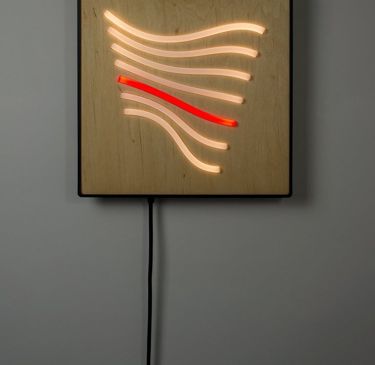Grid 01 — square birch wall object with cast resin lines and red signature, edition of 25