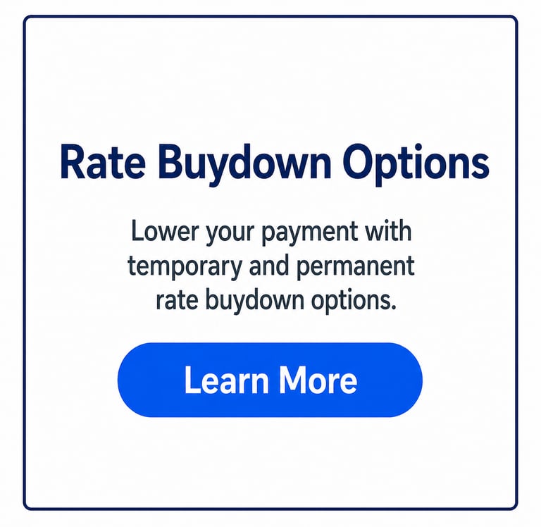 Mortgage rate buydown options graphic explaining how to lower monthly payments.
