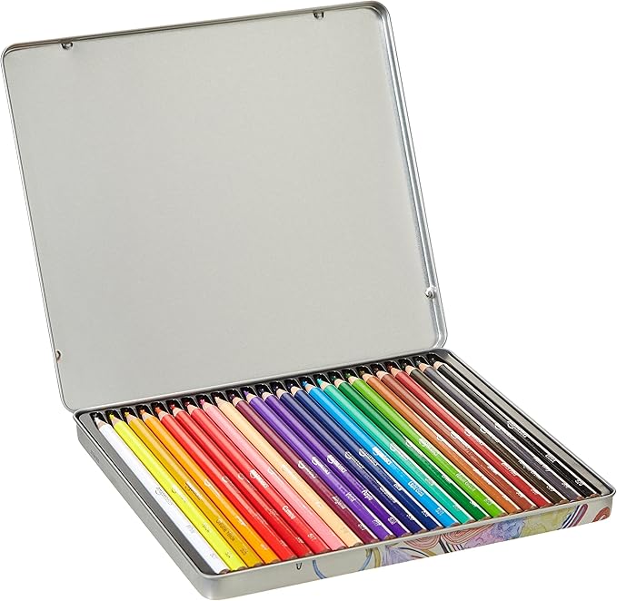 Set of 24 Amazon Basics colored pencils with soft cores in a tin storage case, multicolor
