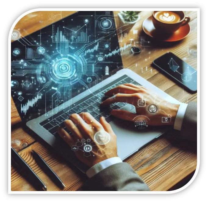 professional typing on laptop keyboard with a screen highlighting stock market growth and positivity