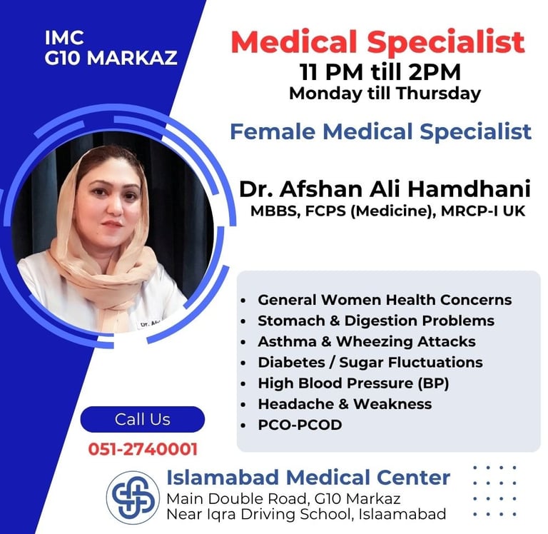 Medical specialist Dr. Afshan Ali Hamdhani at Islamabad Medical Center G10 Markaz for women's health.