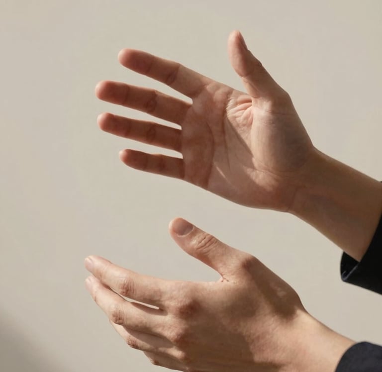 Minimalist close-up of hands gesturing naturally during a speech, soft natural daylight, sharp shadows, neutral beige background, elegant editorial style