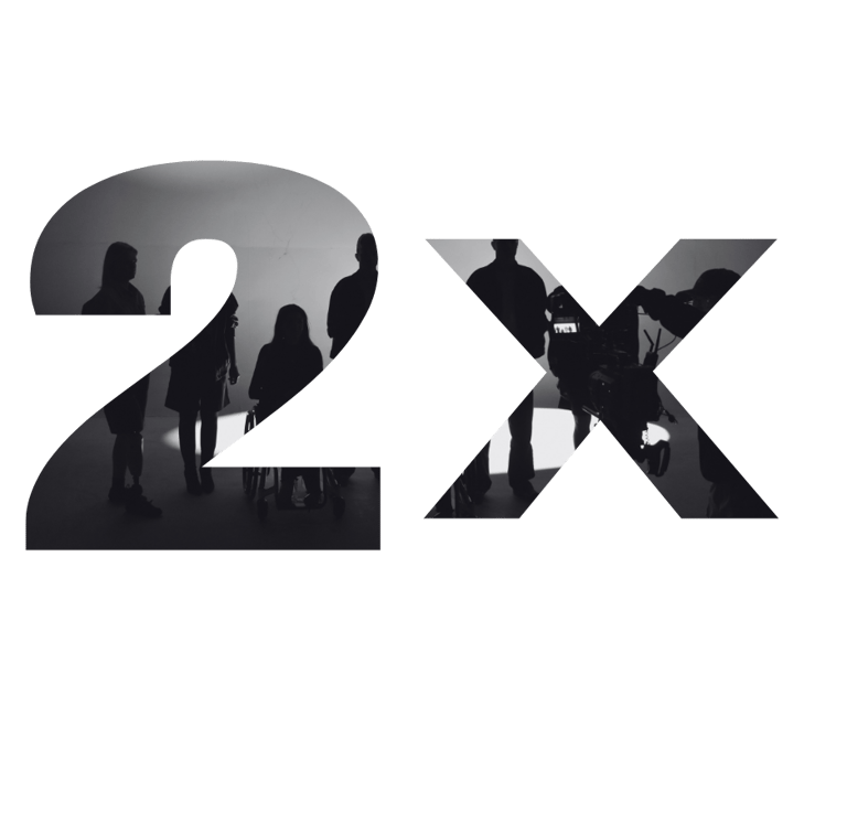 Silhouettes of a diverse film crew and actors inside a 2X graphic symbol on a black background.