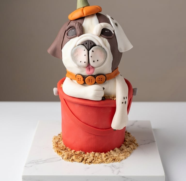 Torta personalizada inspirada en un perrito Boo elaborada por Cocina con Ely, modelada artesanalment