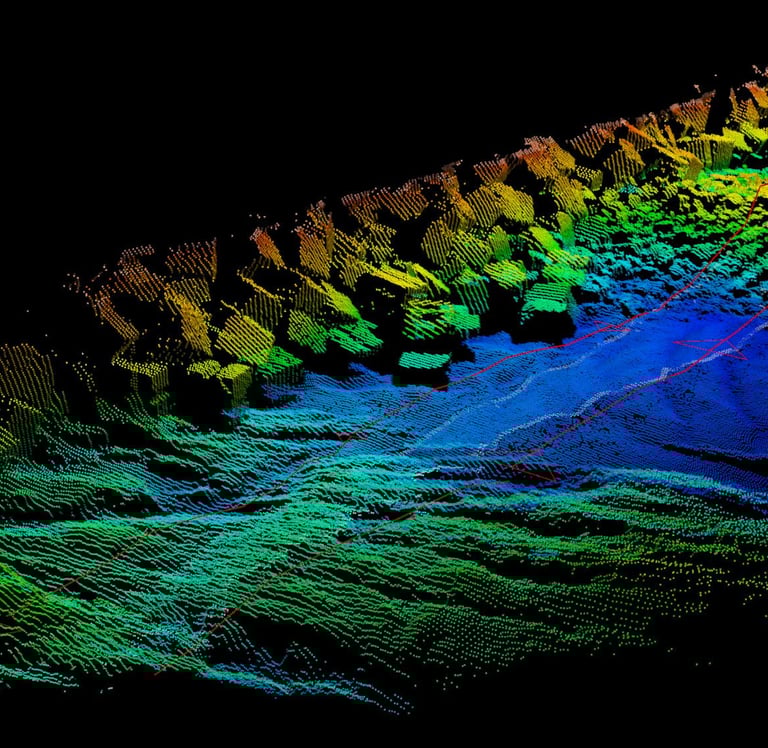 3d de bloques de un dique hecho con con batimetría multihaz