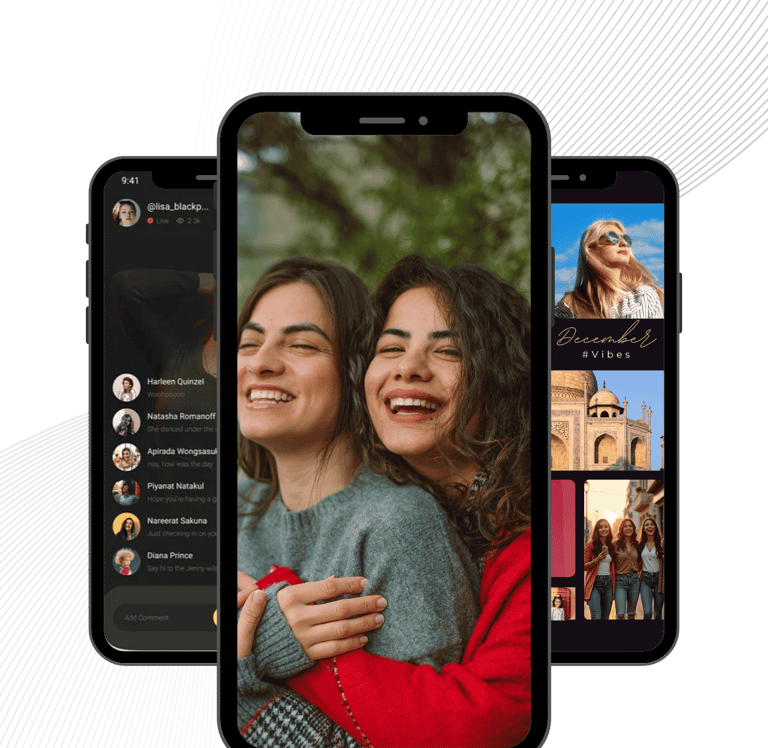 Jazly social media app interface on smartphones showcasing user profiles and lifestyle photo sharing.