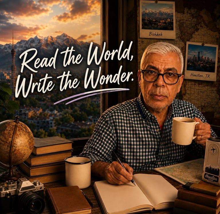 A male travel writer with coffee and journal at a desk with mountain sunset views and globes.