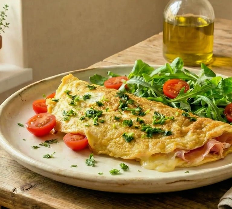 Savory omelette with aged cheese and Parma ham,