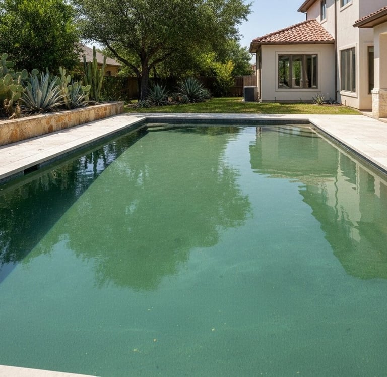 Cloudy green pool water before professional cleaning in Round Rock