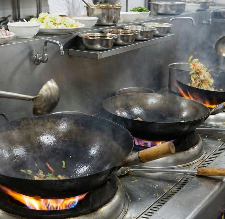 a person cooking in a kitchen with a lot of food,chinese cooking