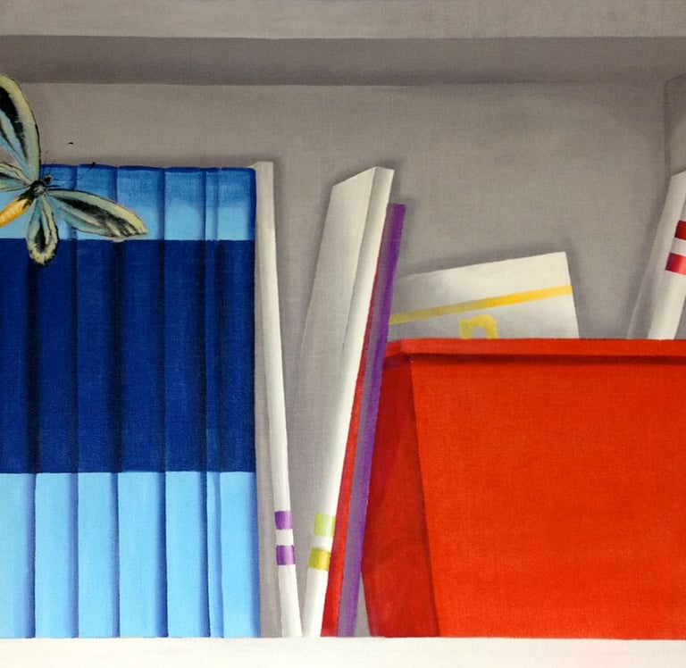 Close-up of bookshelf in trompe-l'oeil style showing a butterfly and books.
