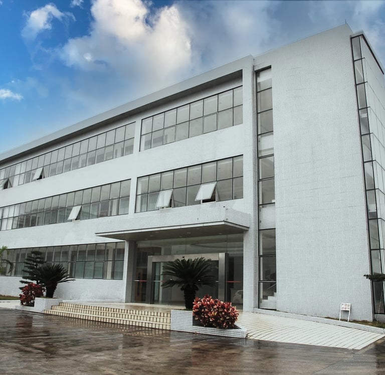 Modern factory facade, using advanced architectural design and materials