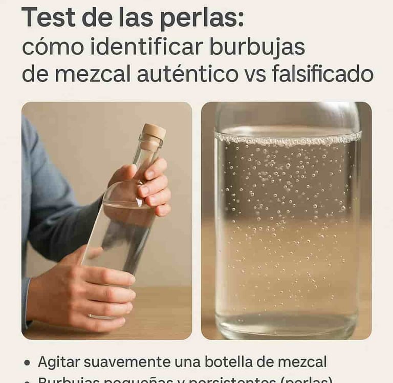  Secuencia que muestra el test de perlas para identificar mezcal auténtico through sus burbujas 