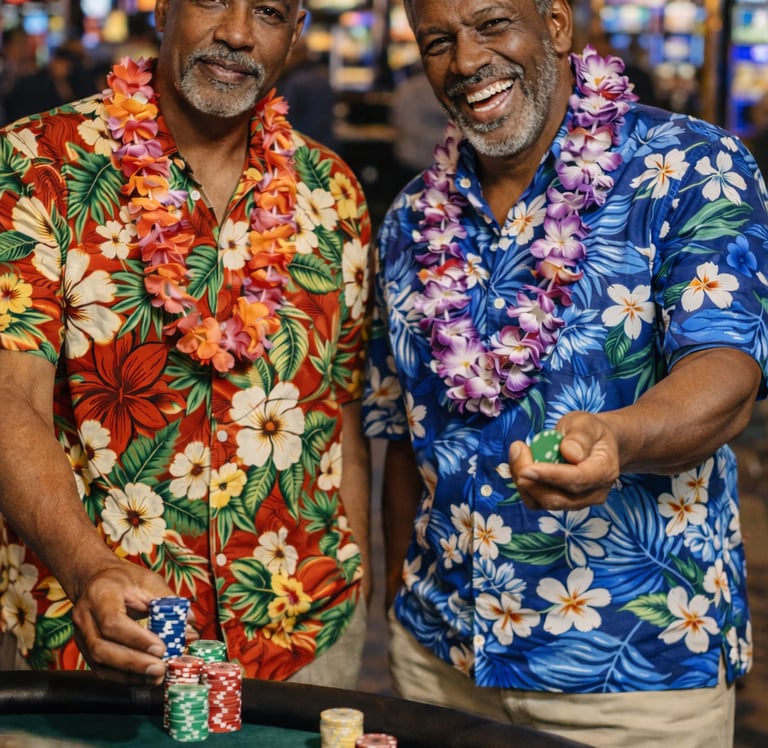 two black men in hawaiian shirt at a casino table