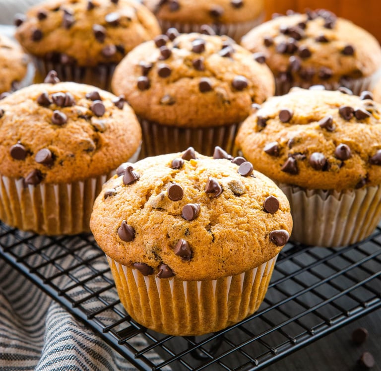 Freshly baked pumpkin chocolate chip muffins cooling on a wire rack.