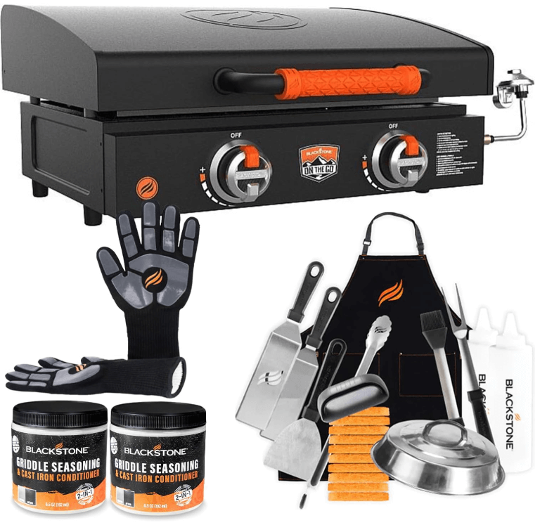 a blackstone grilling station with a glove