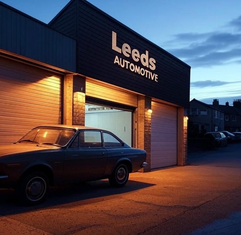 Leeds garage at dusk, ready for SEO success with local consultant.