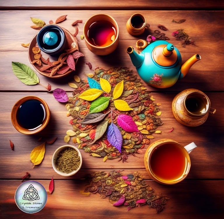 a teapot with tea and tea cups on a wooden table