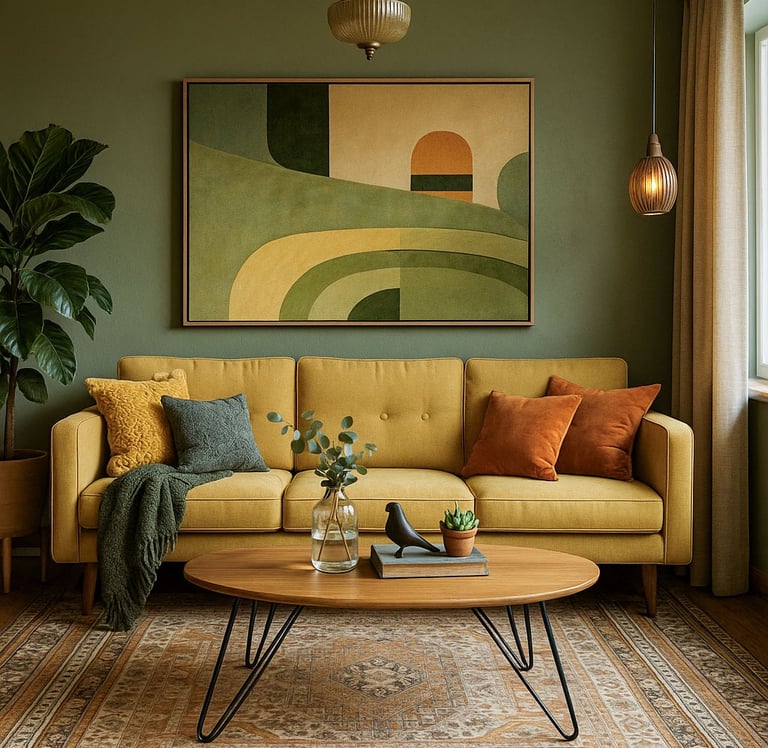 Mid-Century Modern living room with curved olive sofa, abstract wall art, and wood coffee table