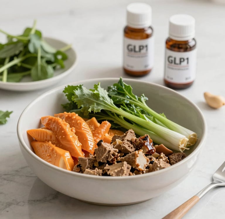A balanced meal in a bowl featuring protein, vegetables, and sweet potato, with two GLP-1 supplement bottles in the