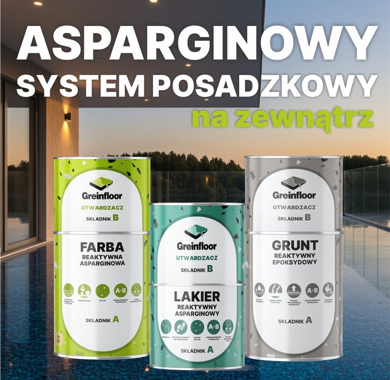 Asparginowy system posadzkowy Greinfloor na zewnątrz z puszkami farby, lakieru i gruntu