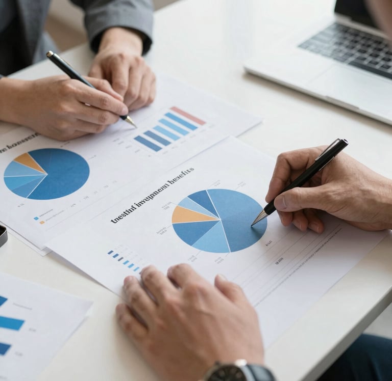 Business professionals analyzing financial investment charts and pie graphs during a meeting.