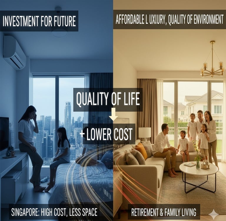 Comparison of high-cost, small Singapore apartment vs. spacious, lower-cost Johor home for family