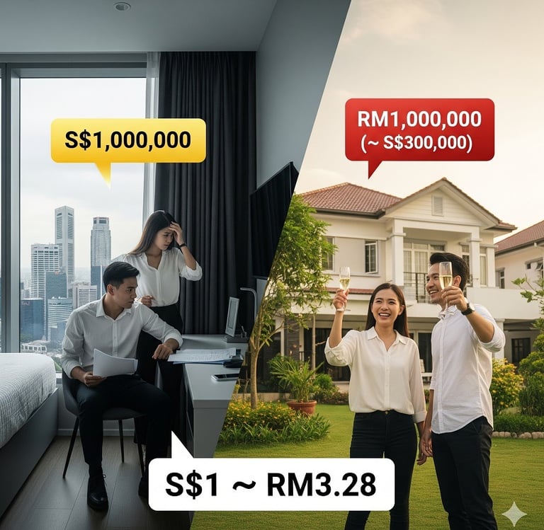 1 Singapore Dollar equals 3.28 Malaysian Ringgit, highlighting stronger buying power in Malaysia