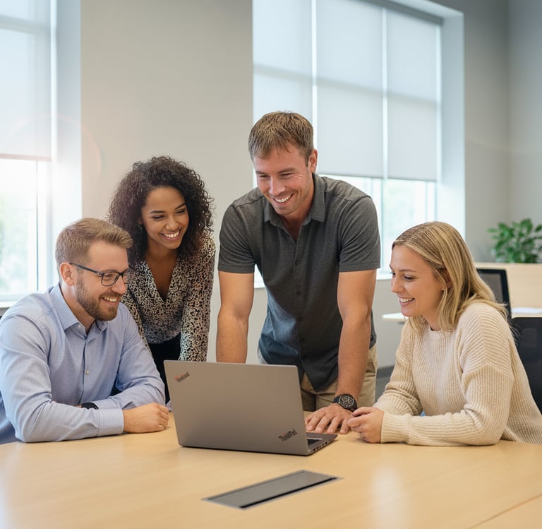 an AI business consultant on laptop explains AI to a group of people sitting around a table