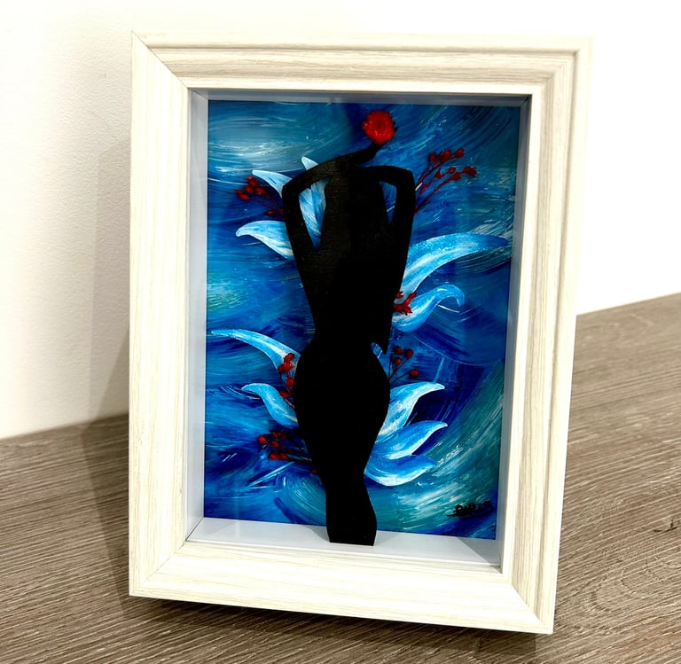 a painting of a woman in black and a red flower