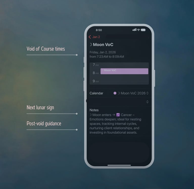 iPhone calendar for solstice, equinox, and Moon VoC