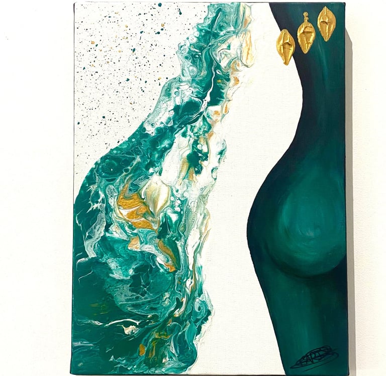 une peinture du corps d’une femme sur fond vert et blanc
