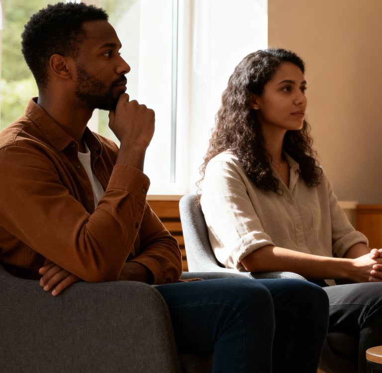 a group of people sitting in chairs in a room