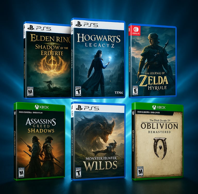 Top 2025 video games lineup glowing with V-shaped box art.