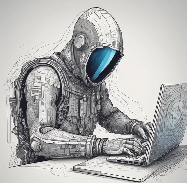 A pen tester in detailed tech gear typing on a laptop, concept of ethical hacking.