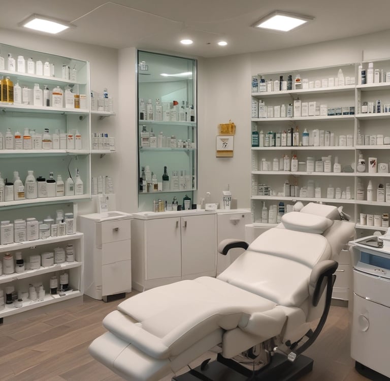 Elegant display of aesthetic supplies including derma fillers and uplifting threads arranged on a sleek white surface.