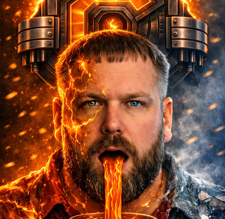 Surreal digital art of a man breathing molten amber into a cup to represent the capacity book cover.