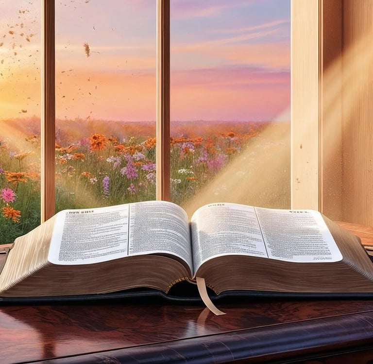 Un libro si apre con una vista di un campo e di un sole splendente