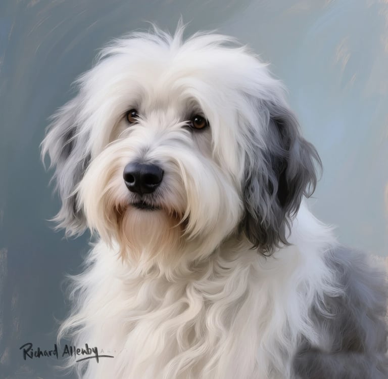 A pet portrait of a old English sheep dog called Bes, painted in oils