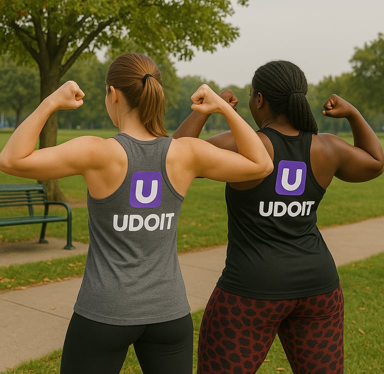 Two people wearing UDOIT shirts flexing their arms outdoors.