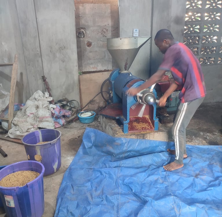 Les équipiers de l'association Emmaüs MOBOVOME pressent le soja torréfié