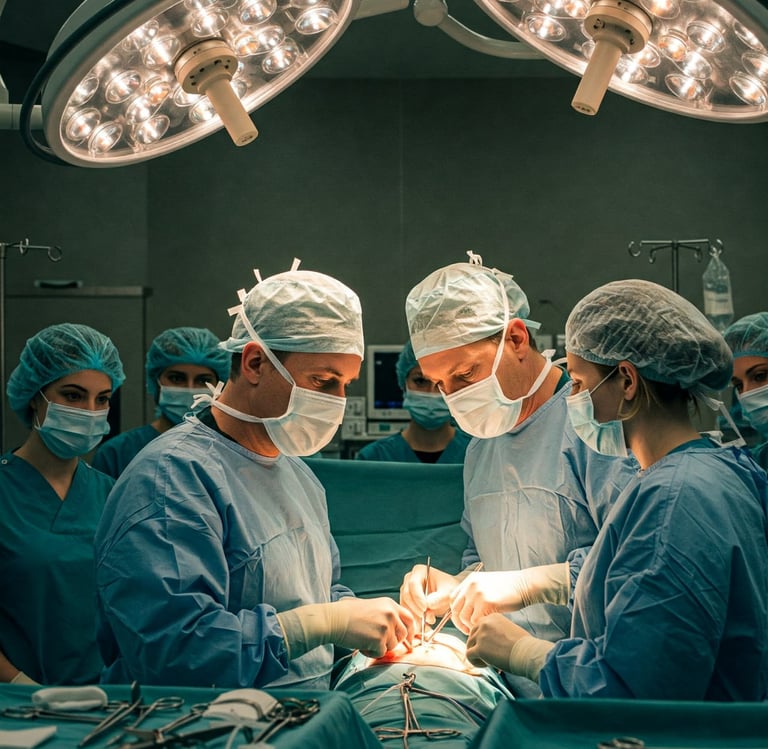 Cirurgiões operando uma neoplasia abdominal